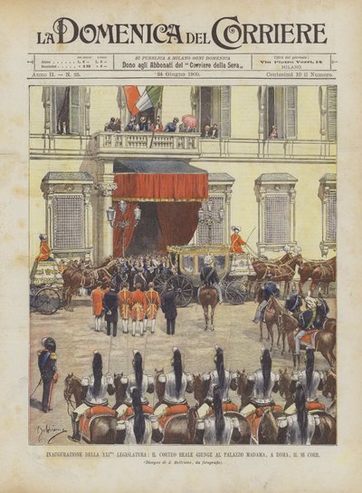 Invigningen av den 21:a lagstiftande församlingen, den kungliga processionen anländer till Palazzo Madama, i Rom, den 16 Corr. av Achille Beltrame