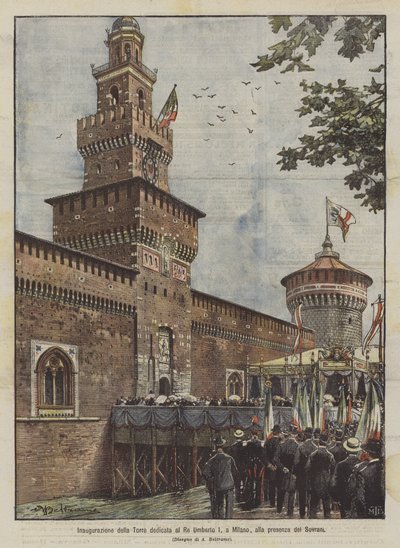 Invigning av tornet tillägnat kung Umberto I, i Milano, i närvaro av suveränerna av Achille Beltrame