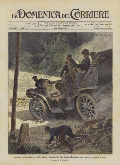 Bilolycka i Valle dAosta, drottning Margheritas bil krockar med tre stenräcke av Achille Beltrame