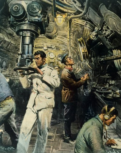Interiör av ubåt, av Achille Beltrame (1871-1945), illustration från La Domenica del Corriere, 28 december av Achille Beltrame