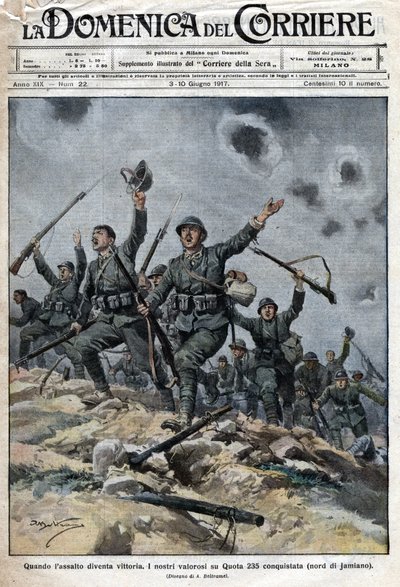 Italiensk armé segrar över österrikisk-ungerska trupper på Karstbergen i Slovenien. Italienarna tog sig alltså framåt mot Trieste. Ill. de Beltrame. La Domenica del Corriere. 06/1917. av Achille Beltrame