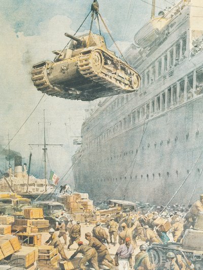 Italiensk konvoj anländer till sin destination i Libyen, av Achille Beltrame, illustration, illustratör Achille Beltrame (1871-1945), från La Domenica del Corriere av Achille Beltrame