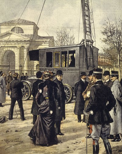 Den italienske fysikern Guglielmo Marconi deltar i experiment med den första mobilradiostationen i Milano den 30 december av Achille Beltrame