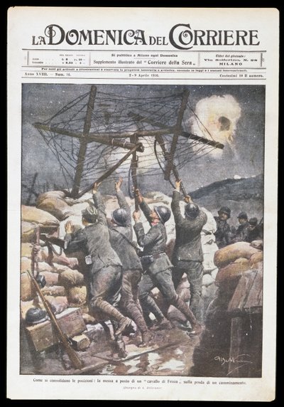 Italienska soldater sätter frisisk häst på skyttegrav, tallrik av Achille Beltrame (1871-1945) för Domenica del Corriere, 2-9 april 1916, första världskriget, Italien, 1900-talet av Achille Beltrame