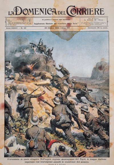 Italienska trupper avancerar på etiopisk mark, illustration från La Domenica del Corriere, 20 oktober av Achille Beltrame