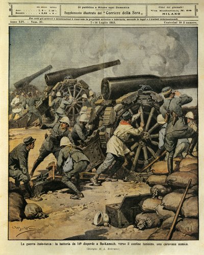 Italo-turkiska kriget, batterield från kanon nr 149 som dirigerar en fiendekaravan vid Bu-Kamek mot den tunisiska gränsen, illustratören Achille Beltrame (1871-1945), från La Domenica del Corriere, 7 juli 1912 av Achille Beltrame