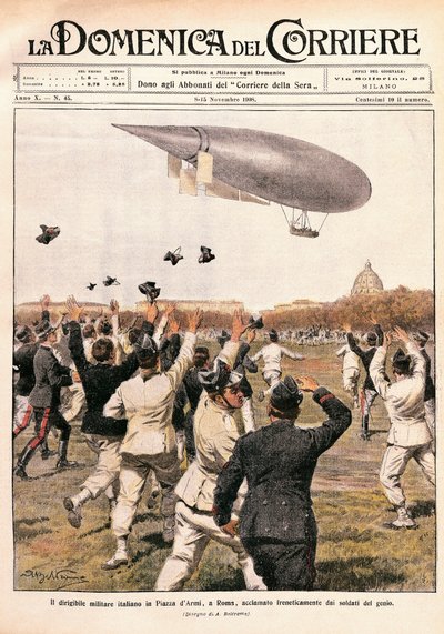 Italien, Milano, luftskeppsflygning lotsad av Crocco och Ricaldoni i Rom, den 31 oktober av Achille Beltrame