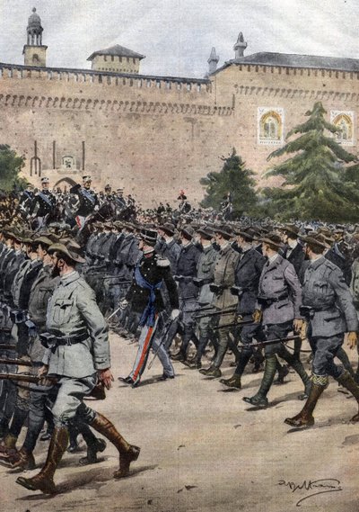 Italiens nya milis: volontärer i civila kläder under en militärparad den 11 november i Milano. Ill. de Beltrame. La Domenica del Corriere. 11/1914. av Achille Beltrame