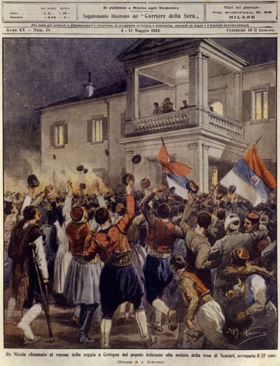 Kung Nicholas I av Montenegro inför en folkmassa i Cettigne efter kapitulationen av staden Shkoder, 4 maj av Achille Beltrame