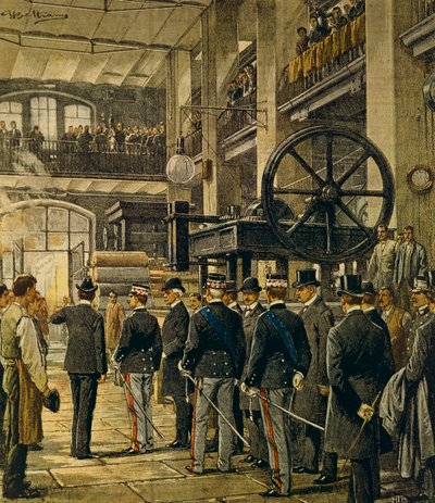 Kung Vittorio Emanuele III besökte fabriker i Milano, av Achille Beltrame (1871-1945), från La Domenica del Corriere, 8 oktober 1905 av Achille Beltrame