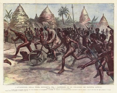 Uppenbarelsen av den första cykeln bland kannibaler, i en by i Bangwa (Afrika) av Achille Beltrame