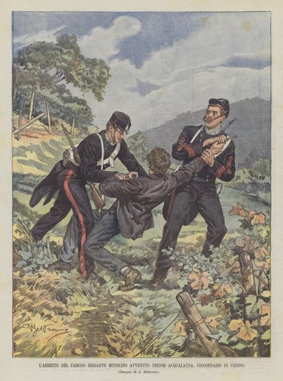 Gripandet av den berömda Brigante Musolino ägde rum i Acqualagna, i distriktet Urbino av Achille Beltrame