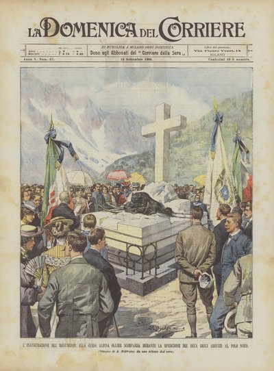 Invigningen av monumentet över bergsguiden Ollier Vem försvann under hertigens expedition? av Achille Beltrame