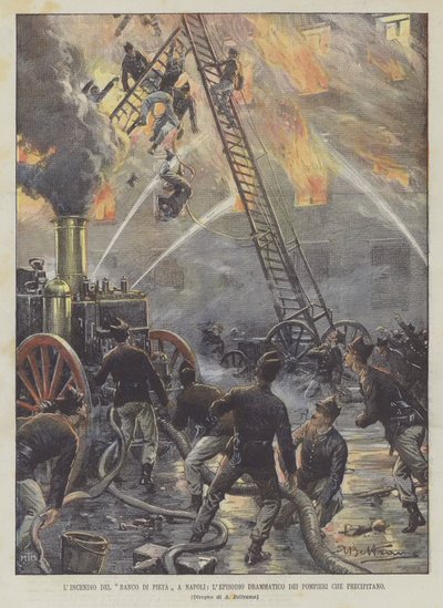The Fire Of The Banco Di Pieta i Neapel, det dramatiska avsnittet av The Rushing Firefighters av Achille Beltrame