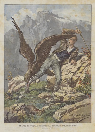 Kampen mellan en örn och en herde på berget Zerie, nära Trieste av Achille Beltrame
