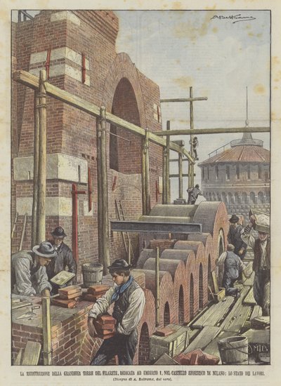 Rekonstruktionen av den storslagna Torre del Filarete, tillägnad Umberto I, i Castello Sforzesco? av Achille Beltrame