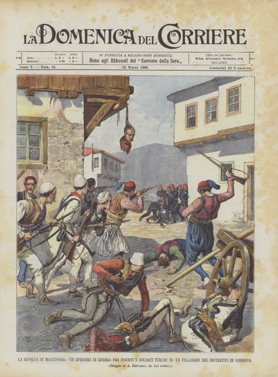 Det makedonska upproret, ett krigsavsnitt mellan rebeller och turkiska soldater i en by i? av Achille Beltrame
