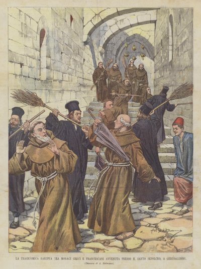 Den tragikomiska baruffan mellan grekiska och franciskanermunkar inträffade vid den heliga graven, i Jerusalem av Achille Beltrame