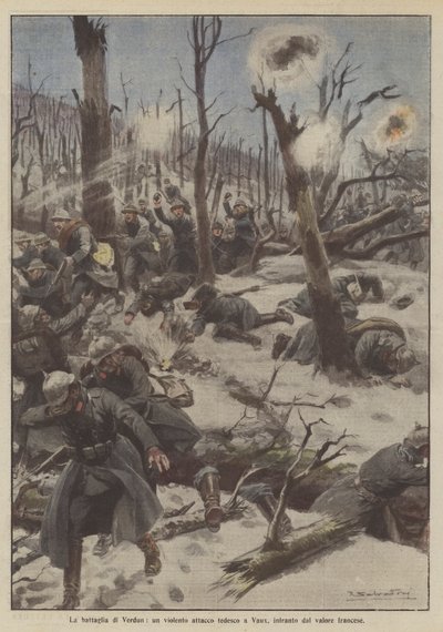 Slaget vid Verdun, en våldsam tysk attack mot Vaux, krossad av fransk tapperhet av Achille Beltrame