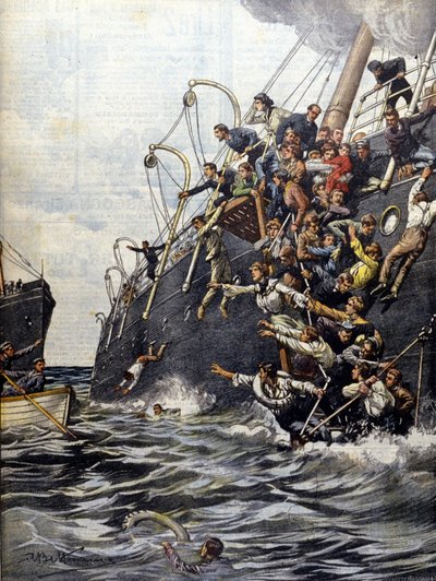Libanonkatastrofen: passagerare kastar sig i havet efter kollisionen med ett annat linjefartyg utanför Marseilles kust. Illustration av Beltrame. Domenica del corriere. 1903. av Achille Beltrame