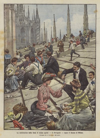 Firandet av festen i mitten av augusti, Ferragosto, ovanför katedralen i Milano av Achille Beltrame