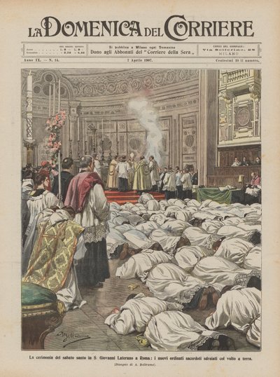 Ceremonin av heliga lördagen i S Giovanni Laterano i Rom, de nya vigda prästerna ligger med sina ansikten på marken av Achille Beltrame