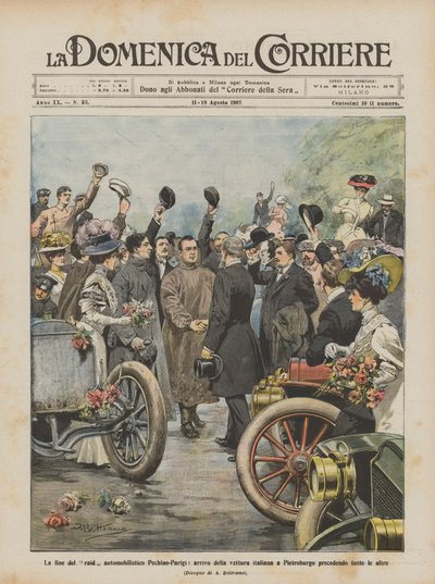 Slutet på Peking-Paris bilräd, ankomsten av den italienska bilen till Petersburg? av Achille Beltrame