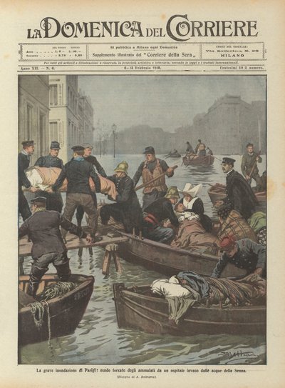 Den allvarliga översvämningen av Paris, tvingade utflykt av sjuka från ett sjukhus invaderat av Seines vatten av Achille Beltrame