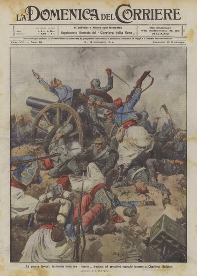 Det hårda kriget, rasande kampen mellan franska Turcos och tyska skyttar runt Charleroi (Belgien) av Achille Beltrame