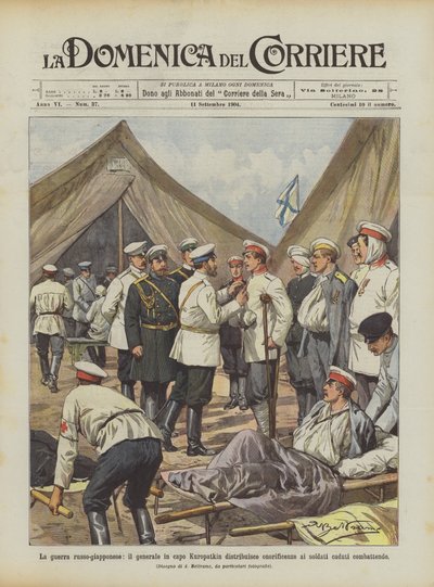 Det rysk-japanska kriget, general-in-chief Kuropatkin delar ut heder till soldater som stupade i strid av Achille Beltrame