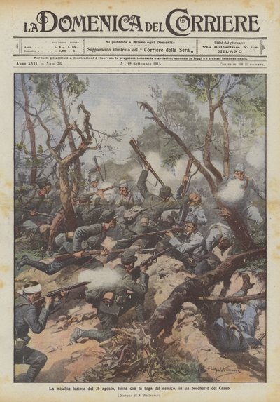 Den rasande närstriden den 26 augusti, som slutade med fiendens flykt, i en lund i Karst av Achille Beltrame