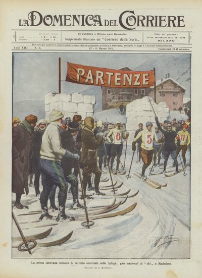 Den första italienska vinterturismkaravanen på Spluga, nationella skidlopp i Madesimo av Achille Beltrame