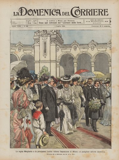 Drottning Margherita och prinsessan Laetitia besöker utställningen i Milano, vid den dekorativa konstpaviljongen av Achille Beltrame