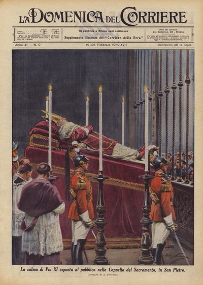 Pius XI:s kropp exponerad för allmänheten i sakramentskapellet i San Pietro av Achille Beltrame