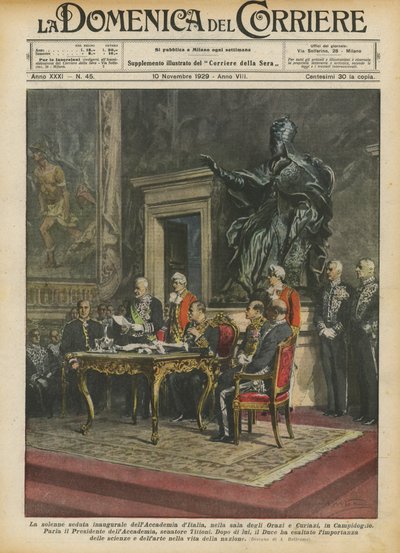 Den högtidliga invigningssessionen för Italiens akademi, i hallen för Orazi och Curiazi, i Capitolium av Achille Beltrame