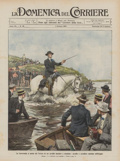 Simkorsningen av Tibern av en spänd och beriden häst, häst och ryttare kommer in i vattnet av Achille Beltrame
