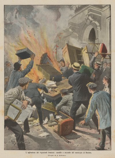 Agitation av franska vinmakare, överfall och brand i Beziers stadshus av Achille Beltrame