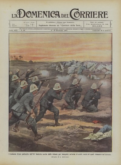 Fräckheten hos en patrull av det 84:e infanteriet som kom ut ur skyttegravarna för att förfölja en hord araber? av Achille Beltrame