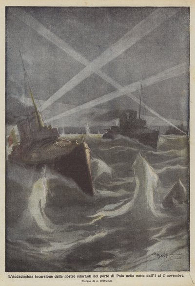 Laudacissima intrång av våra torpeder i hamnen i Pula natten från 1 till 2 november av Achille Beltrame