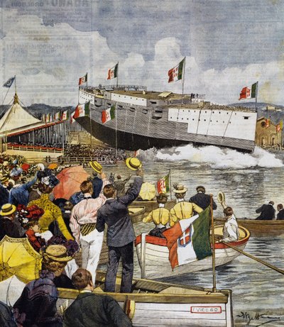 Sjösättning av slagskeppet Regina Margherita i La Spezia, panel av Achille Beltrame (1871-1945), La Domenica del Corriere, 9 juni av Achille Beltrame