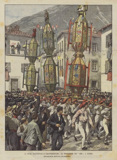 De traditionella och karakteristiska festivalerna, processionen av ljus i Gubbio av Achille Beltrame