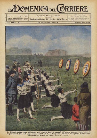 De unga italienarna tränas i fysiska övningar som en hyllning till den gamla maximen mens sana in corpore sano av Achille Beltrame
