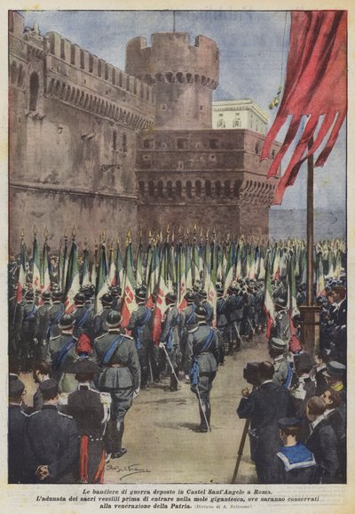 Krigsflaggor placerade i Castel SantAngelo i Rom av Achille Beltrame