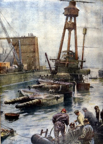 Det tyska slagskeppet Hindenburg, sänkt vid Scapa Flow i Skottland, återvände till ytan tack vare den engelska flottan efter 7 år tillbringat på havens botten. Illustration av Beltrame. Corrierens Domenica av Achille Beltrame