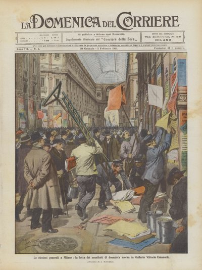 De allmänna valen i Milano, förra söndagens affischkamp i Galleria Vittorio Emanuele av Achille Beltrame
