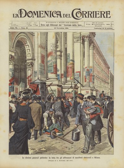 De allmänna politiska valen, kampen mellan uppsättningen av valaffischer i Milano av Achille Beltrame