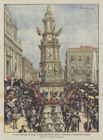 Folkets traditionella högtider, den monumentala vagnen som bärs i procession till Casteltermini (Girgenti) av Achille Beltrame