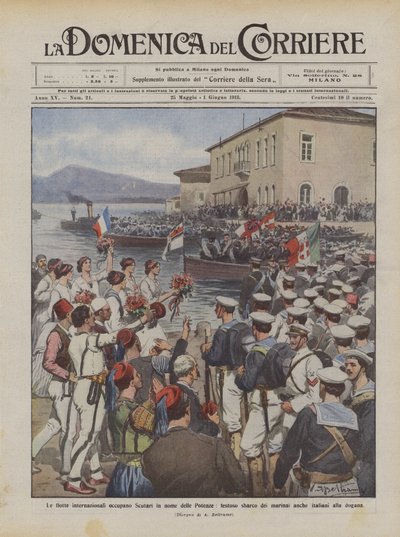 Är de internationella flottorna som ockuperar Scutari i makternas namn, en festlig landstigning för sjömännen också? av Achille Beltrame