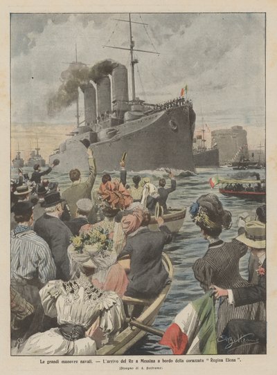 De stora sjömanövrarna, Konungens ankomst till Messina ombord på slagskeppet Regina Elena av Achille Beltrame