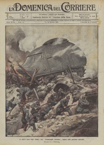 De nya allierade vapnen, ett brittiskt land dreadnought på tyska positioner av Achille Beltrame